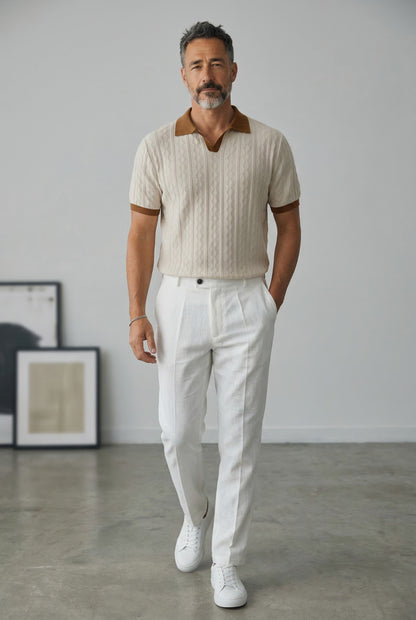 Capri Textured Knit Polo - Ivory/Brown