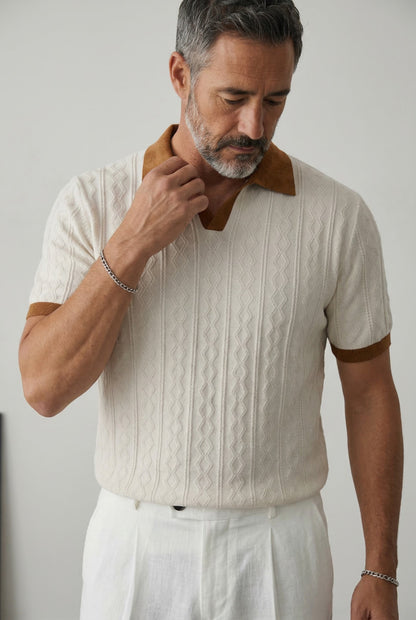 Capri Textured Knit Polo - Ivory/Brown