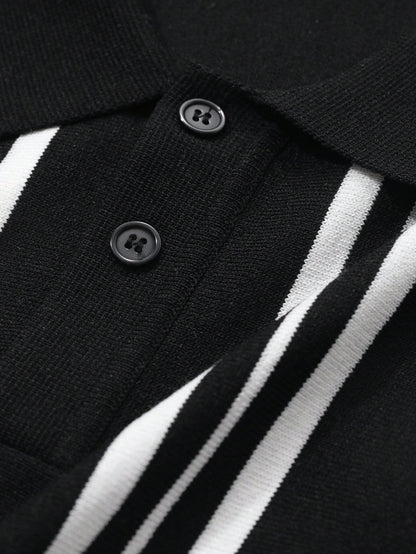 Monaco Striped Knit Polo - Black