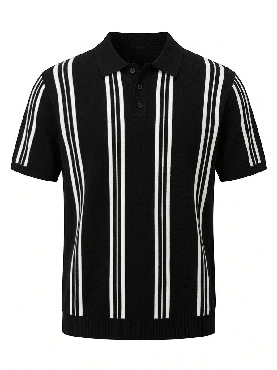 Monaco Striped Knit Polo - Black