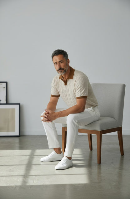 Capri Textured Knit Polo - Ivory/Brown