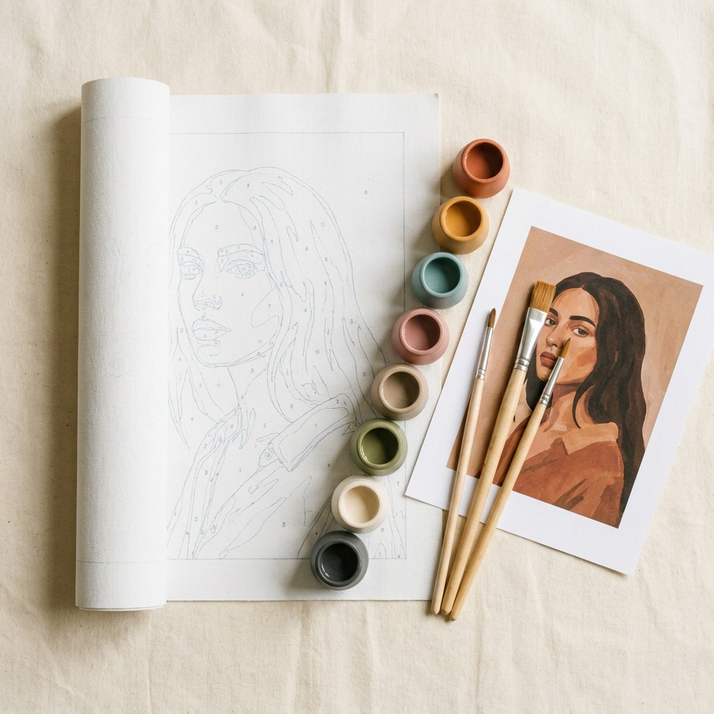 Paint-by-numbers kit flat lay with numbered canvas, paints, and brushes