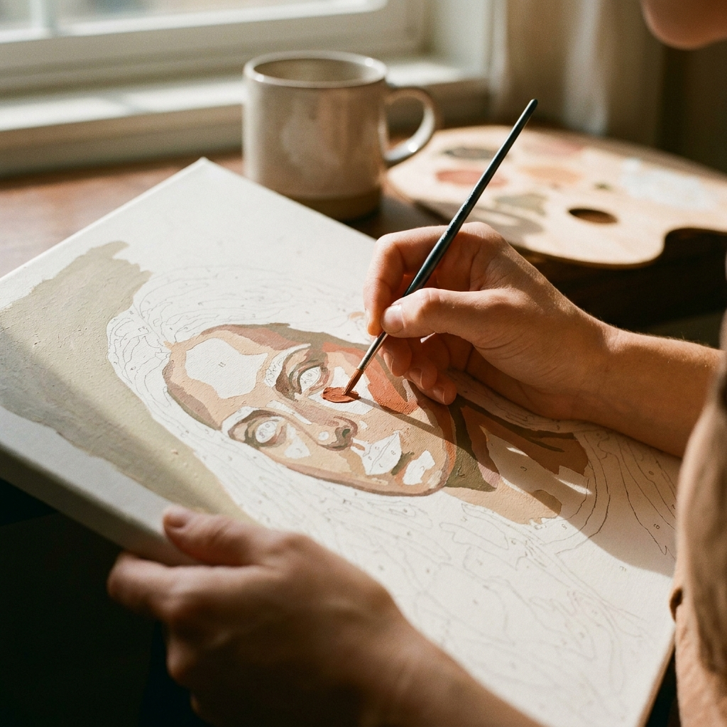 Hands painting a numbered section of a portrait canvas