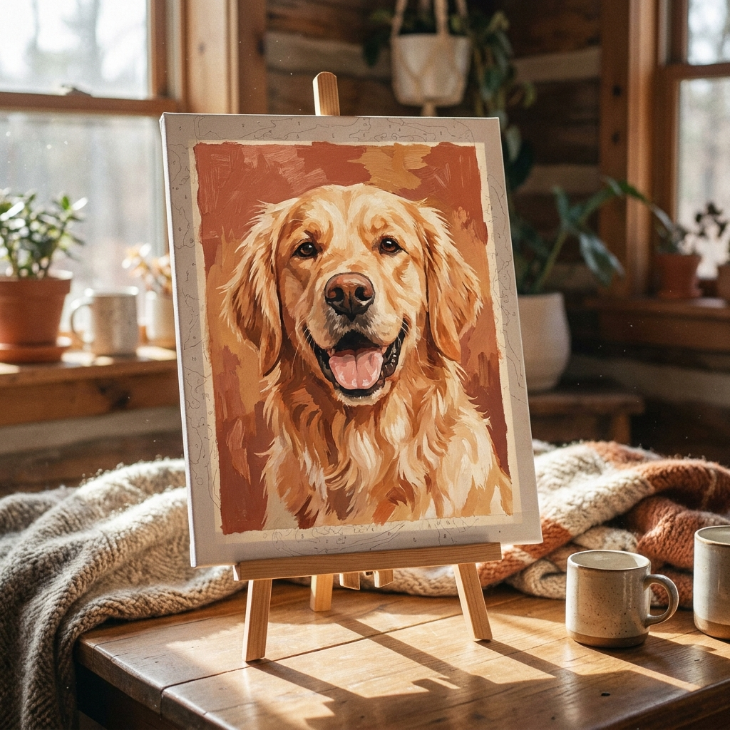 Finished paint-by-numbers portrait of a golden retriever on an easel