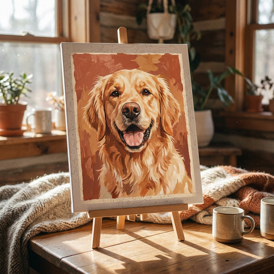 Finished paint-by-numbers portrait of a golden retriever on an easel