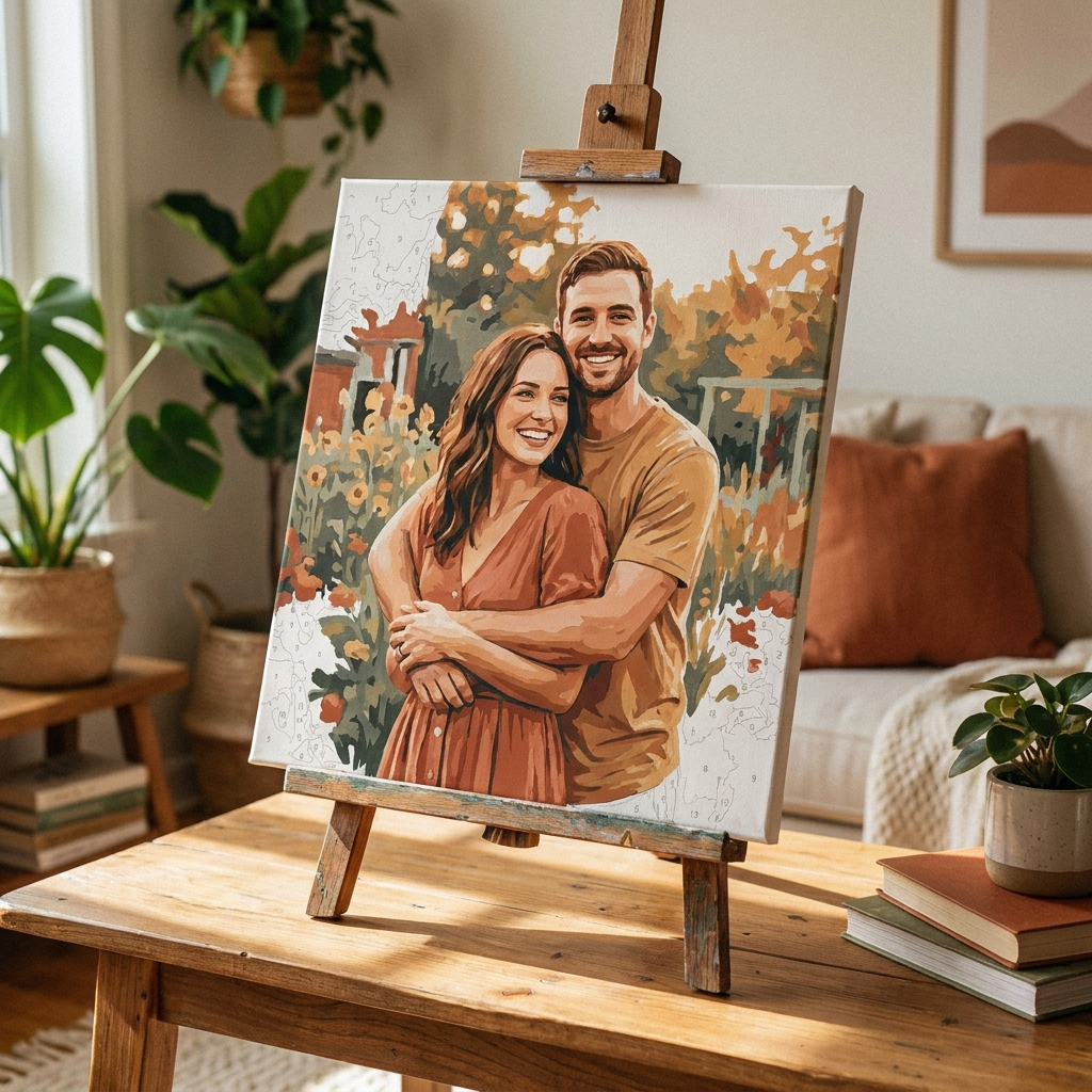 Finished paint-by-numbers portrait of a couple on an easel