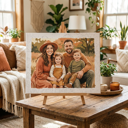 Finished paint-by-numbers portrait of a family of four on an easel