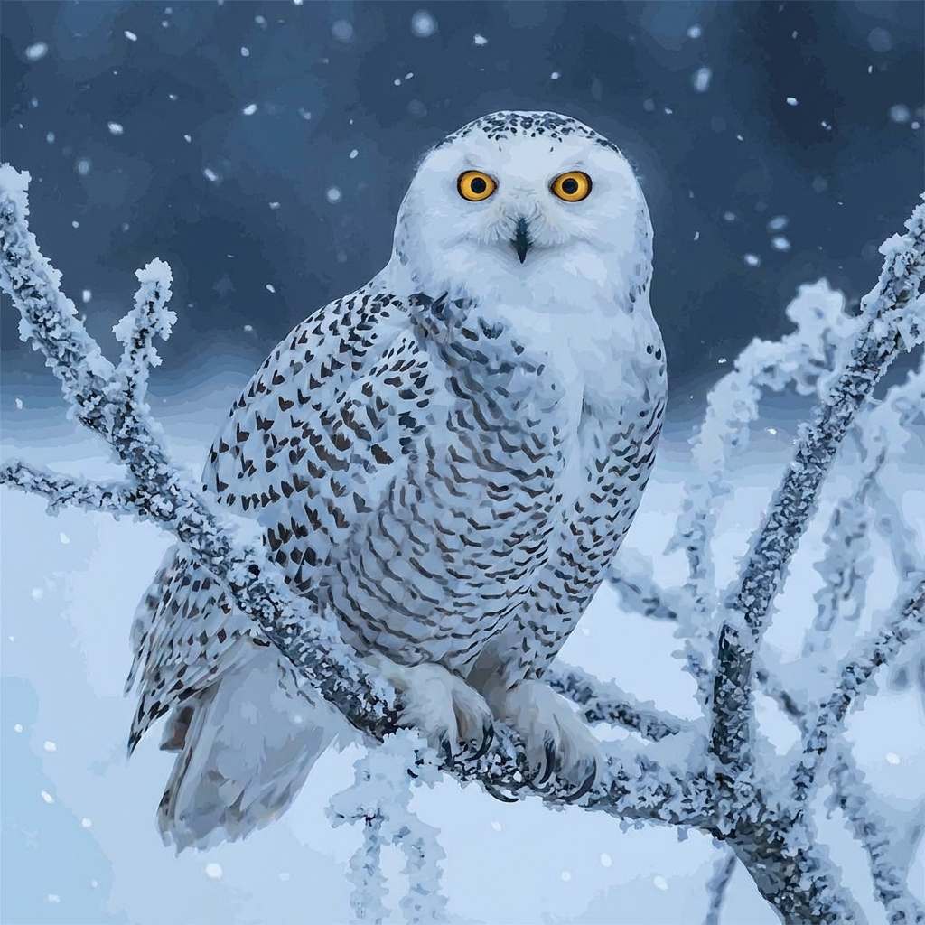 Paint-by-numbers kit of a snowy owl at dusk