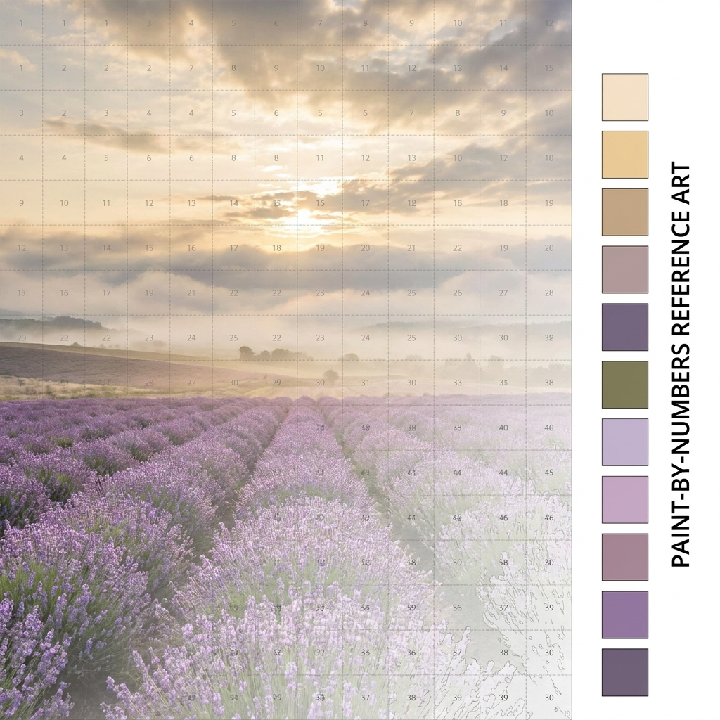 Paint-by-numbers kit of lavender hills at dawn