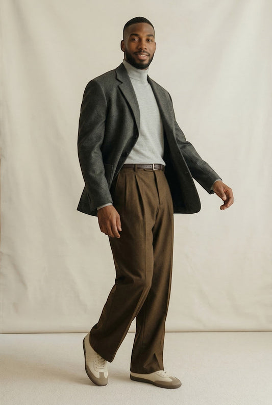 Tuck It dark grey textured wool blend blazer over a light grey turtleneck and brown pleated trousers. Smart casual menswear.