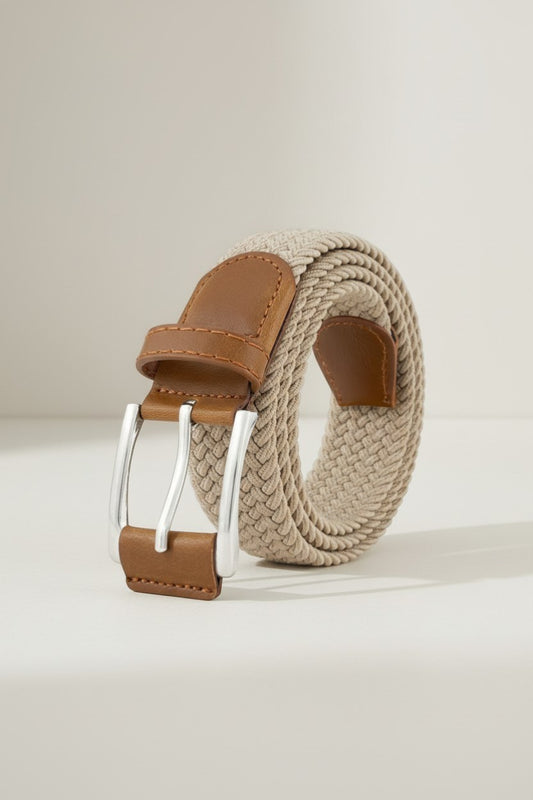 Tuck It beige braided elastic belt with brown leather accents and silver buckle.