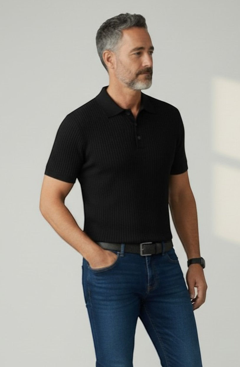 Tuck It black ribbed knit short-sleeve polo shirt with collar and button placket.