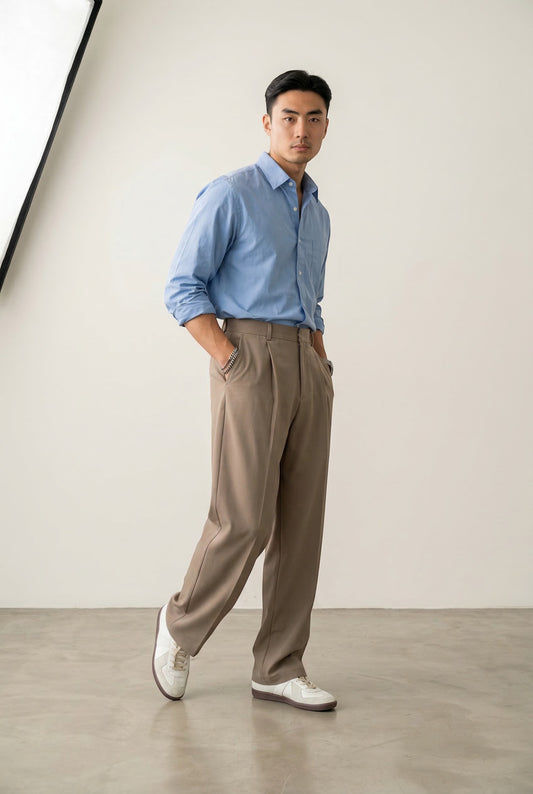 Tuck It blue long-sleeve button-up shirt and taupe pleated trousers with white sneakers. Casual menswear.