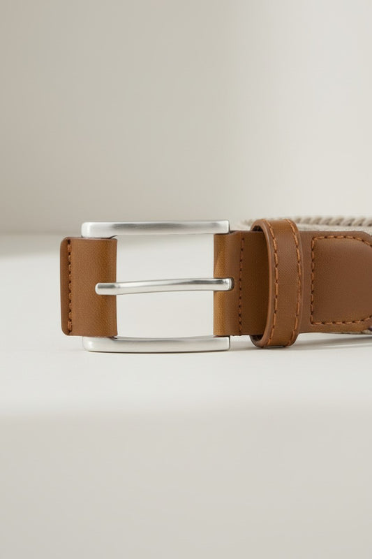 Tuck It brown leather and woven fabric belt with silver buckle. Casual style.