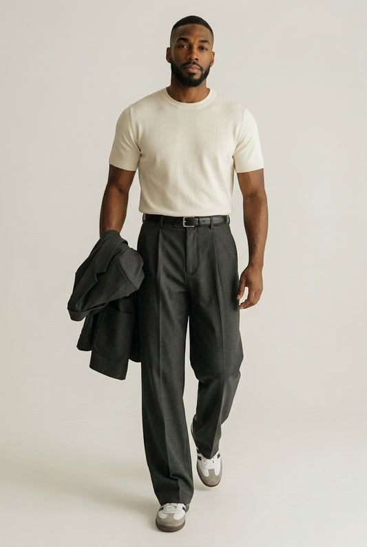 Tuck It cream knit t-shirt and charcoal grey pleated trousers with a black belt and grey blazer.