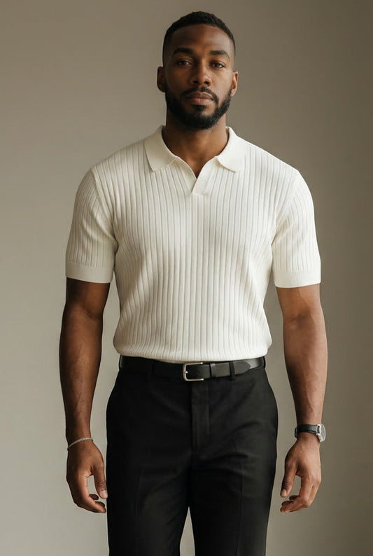 Tuck It cream ribbed knit short sleeve polo shirt with a spread collar.