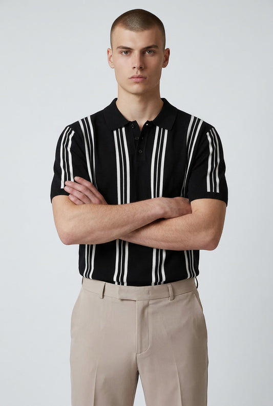 Tuck It Monaco black knit polo shirt with white vertical stripes and short sleeves.