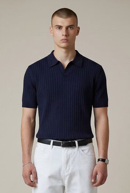 Tuck It navy blue ribbed knit short sleeve polo shirt with a deep V-neck and spread collar.