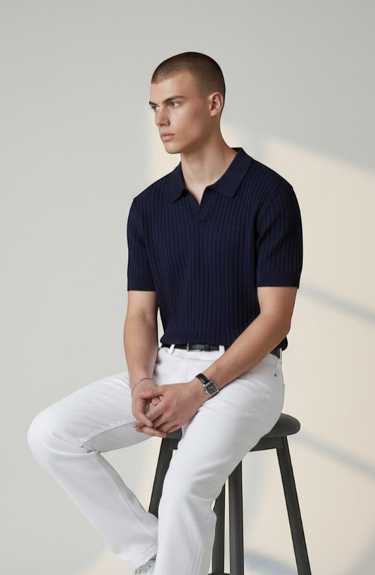 Tuck It navy blue ribbed knit short sleeve polo shirt with a spread collar.