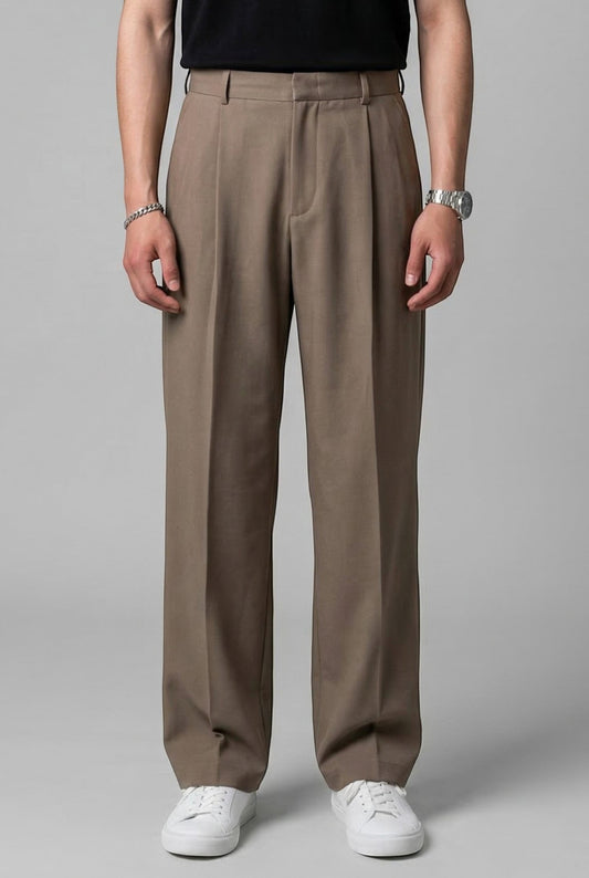 Tuck It taupe pleated trousers with a relaxed fit and straight leg, made from a smooth fabric.