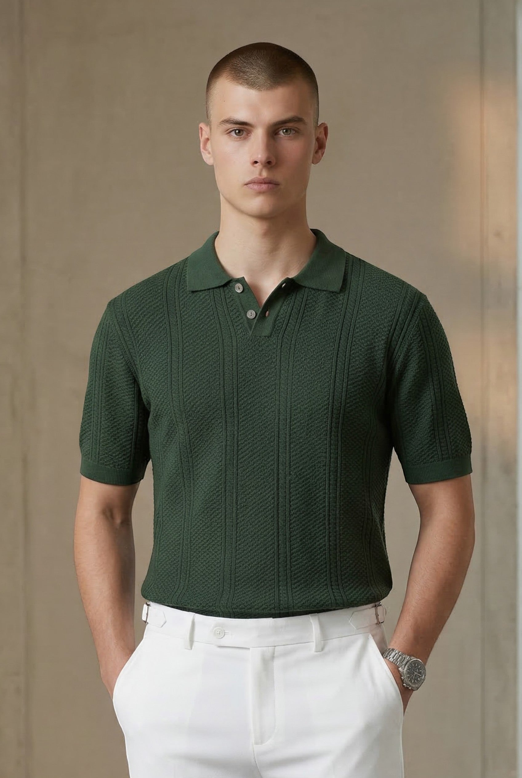 Tuck It Verde Heritage Knit Polo, a short-sleeve dark green textured knit polo shirt with a button placket.